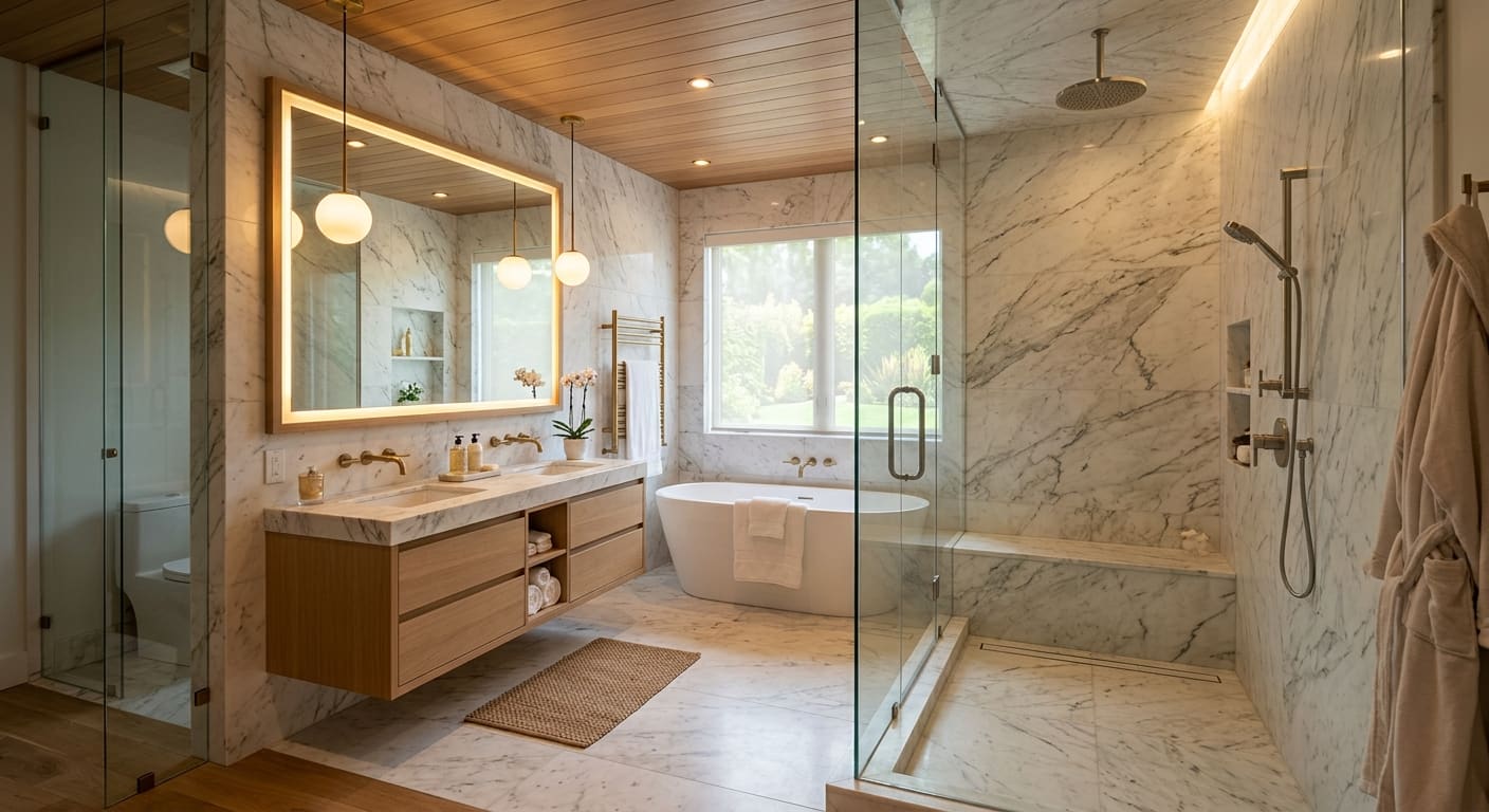 Renovated marble bathroom with a frameless glass shower enclosure, glass partition and vanity mirror