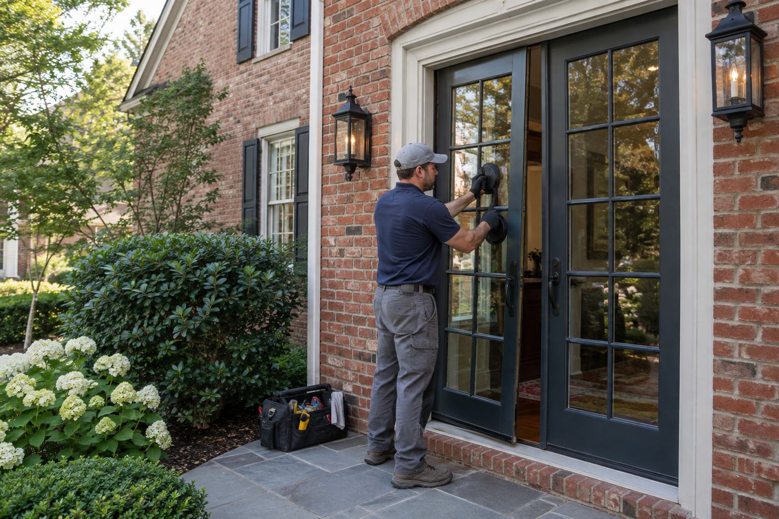A technician working on door glass at a home in the DC metro area