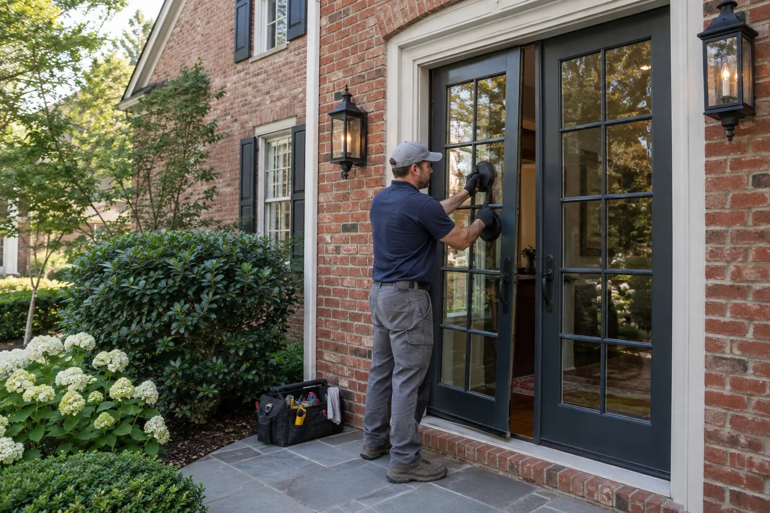 A technician working on door glass at a home in the DC metro area