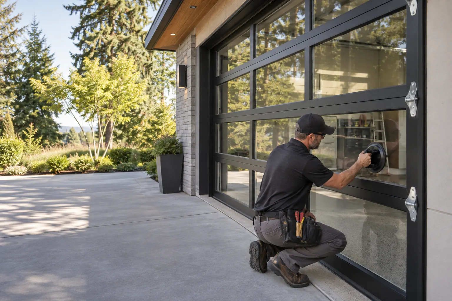 A technician checking a glass panel on an aluminum-and-glass garage door