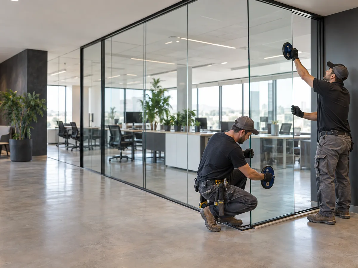 Two glaziers setting a full-height glass partition panel in an office