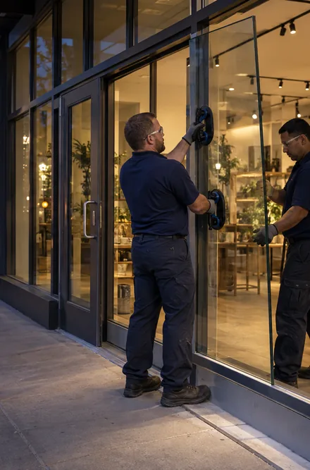 Two glaziers setting a large glass lite into a storefront at night