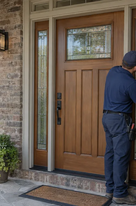 A glazier fitting a glass sidelite beside a wood front door