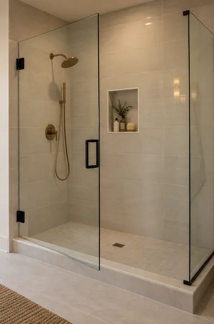 Frameless tempered glass shower enclosure with black hinges and a glass door