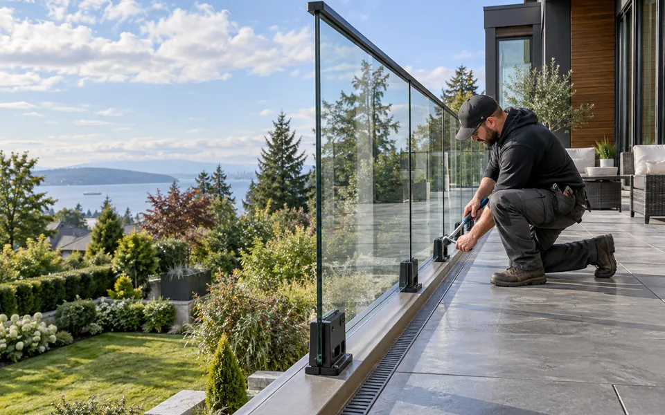 A glazier tightening the base clamp of a frameless glass railing on a deck