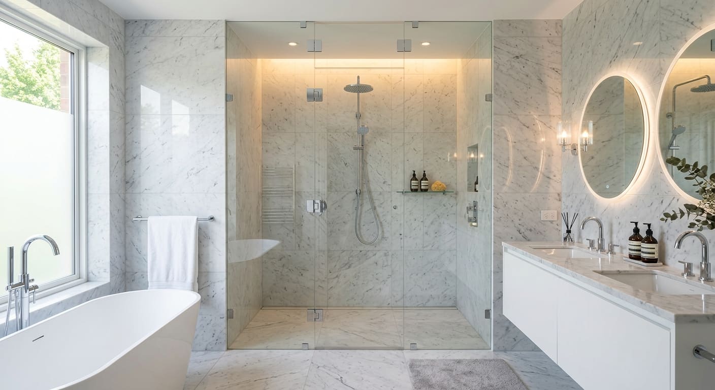 Frameless tempered glass shower enclosure with clamped panels and a glass door
