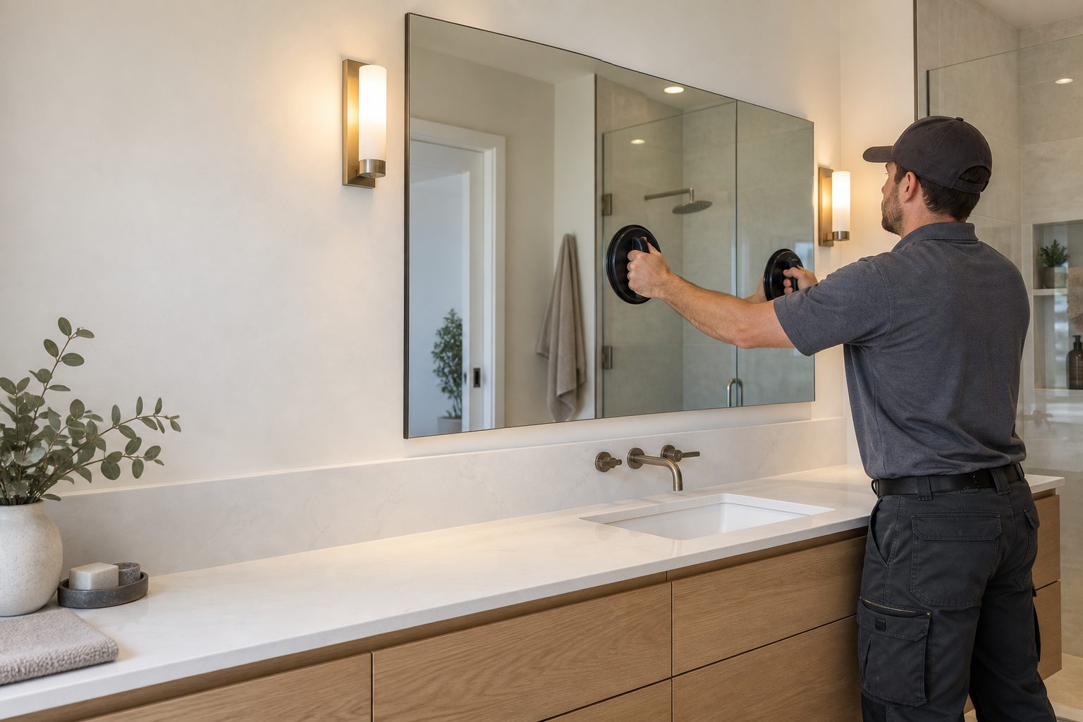 A wall mirror installed above a vanity