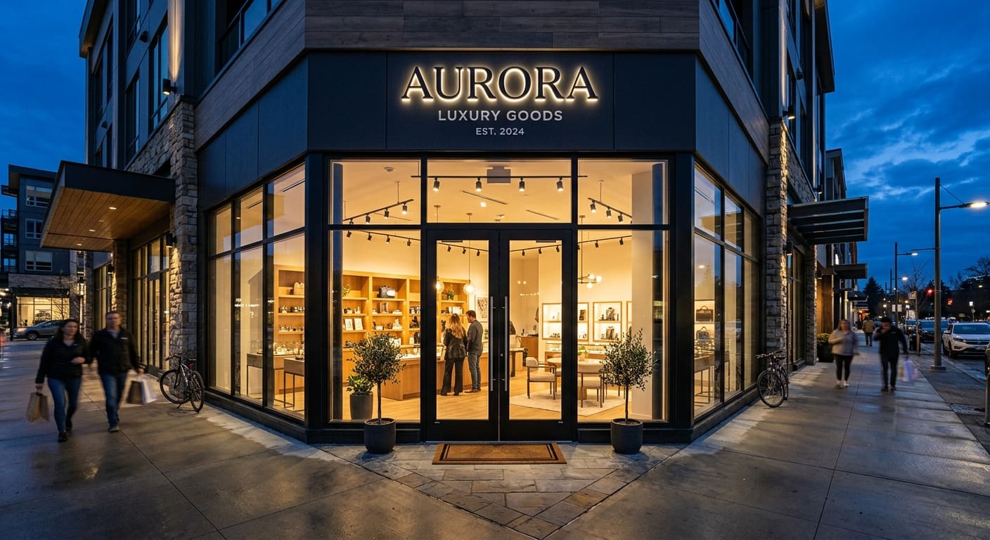 Retail storefront glazed in aluminum-framed glass with a glass entrance door