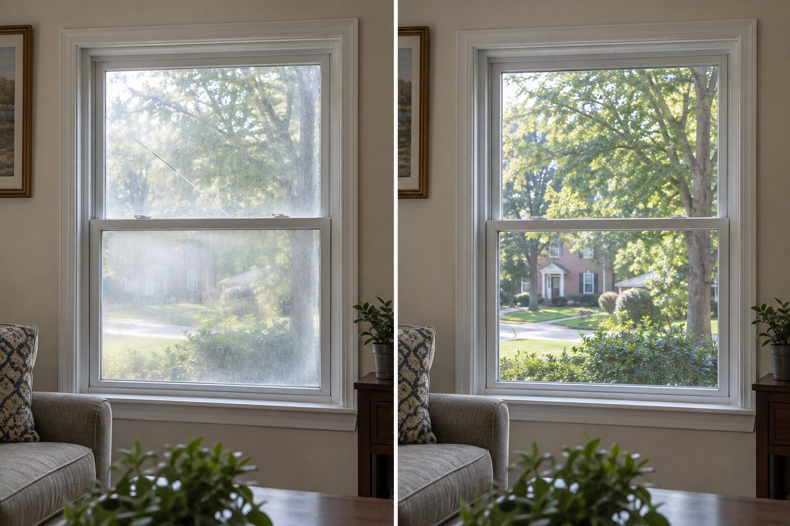 The same window before and after: a fogged sealed unit on the left, clear replacement glass on the right